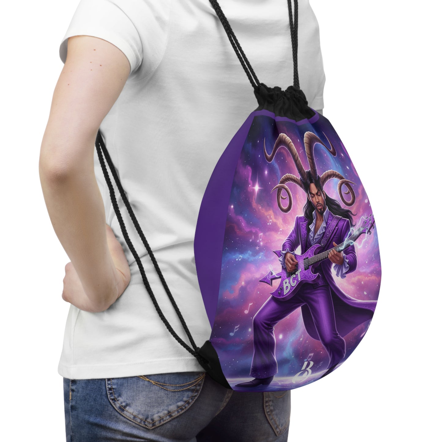 Purple Guitar Goat Drawstring Bag