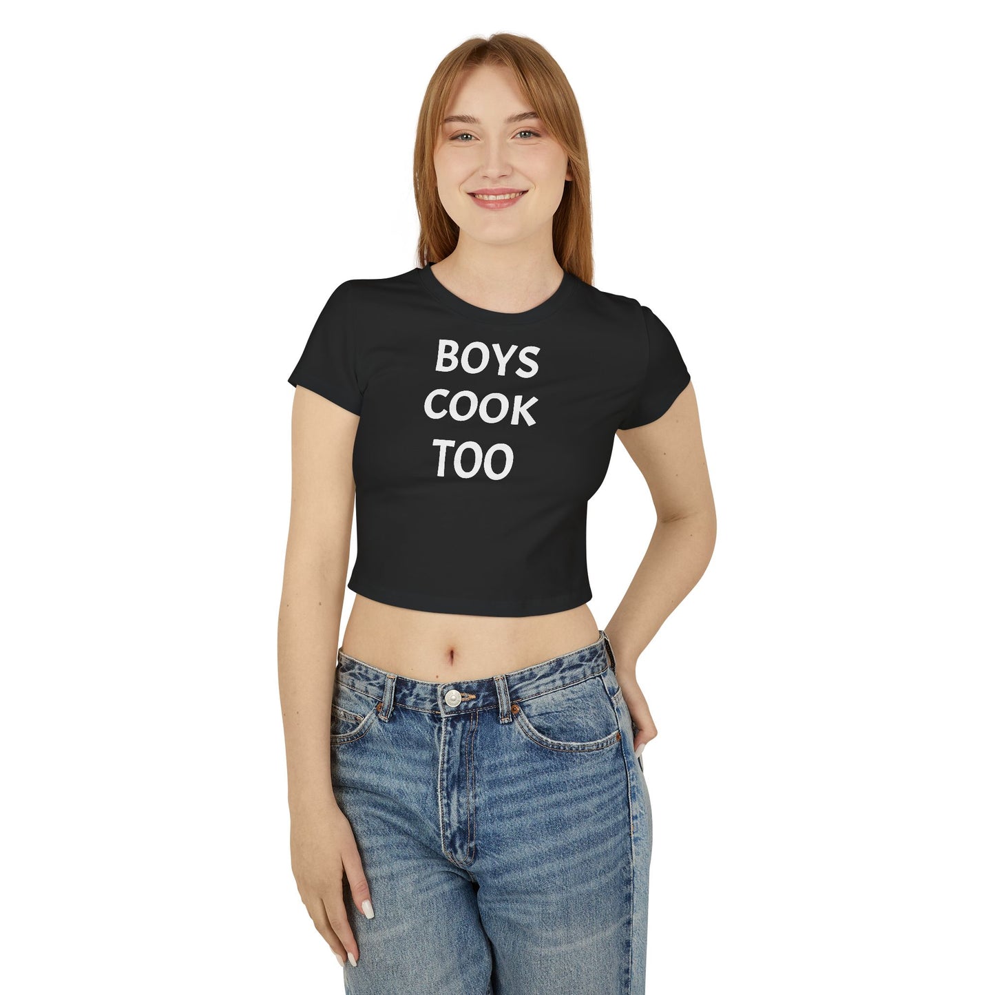 Boys Cook Too Women's Baby Tee - Cute Casual Top for Food Lovers