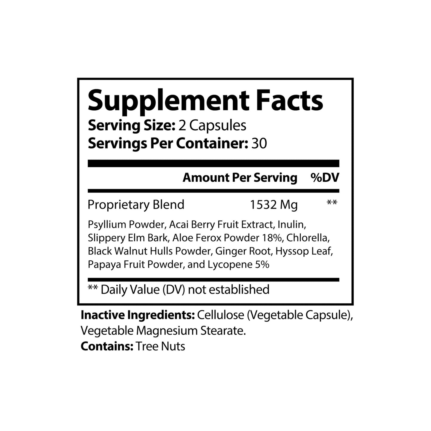 Psyllium, Acai Berry, Slippery Elm Bark, Aloe, Chlorella, Black Walnut, Ginger Root, Hyssop Leaf, Papaya and Lycopene