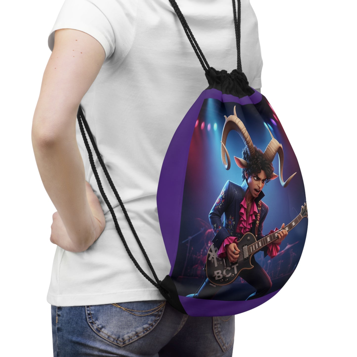 Purple Guitar Goat Drawstring Bag